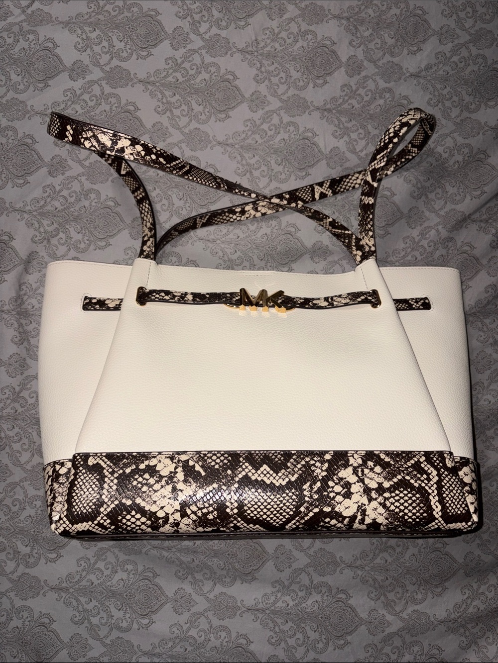 Michael Kors White Tote Bag with Brown Snake-Print Trim with tags